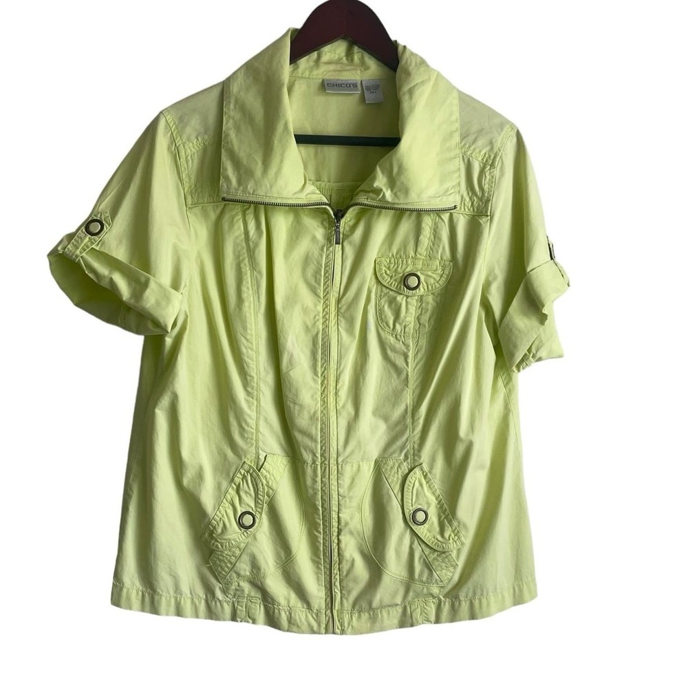 Chicos 2 Women Utility Safari‎ Jacket L Lime Green Full Zip Cotton Resortwear